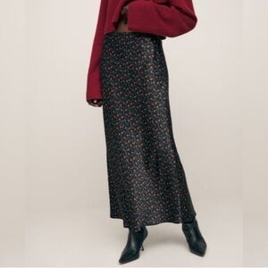 NWT Reformation Layla Silk Skirt in Perla Black Red Floral Midi Elastic Waist